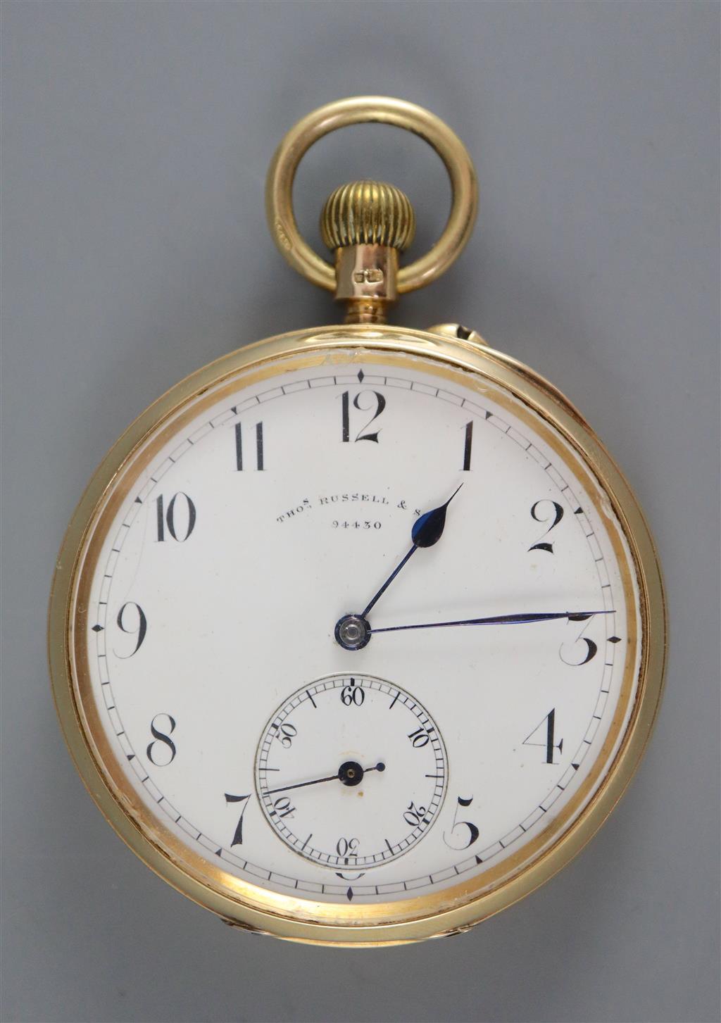 An 18ct gold open face keyless pocket watch, circa 1900, Thomas Russell & Son, No. 94430,